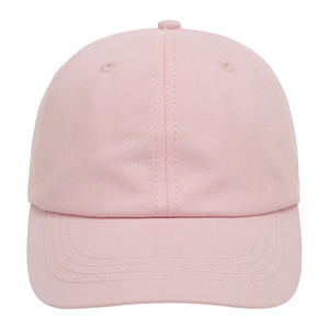 Close-up of pink cotton baseball cap fabric texture with stitched eyelets and top button