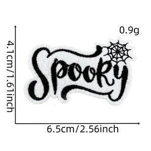 Detailed view of Spooky Halloween embroidery patch with spider web and size dimensions