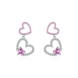Orecchini in argento S925 con cuori rosa traforati e pendenti in cristallo lucente