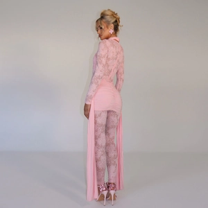 Back view of a pink lace bodysuit with a flowing chiffon train and tight-fit design