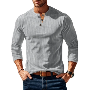 Men's grey Henley long sleeve shirt with ribbed corduroy texture and button placket