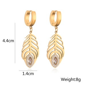 Gold-plated feather earrings with zircon inlay, size 4.4x1.4cm, minimalist jewelry