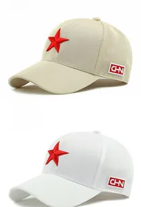 Detail of breathable mesh baseball caps in khaki and white with red star embroidery