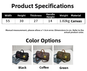 Detailed size chart for large canvas travel bag showing 55x30x27cm dimensions and weight