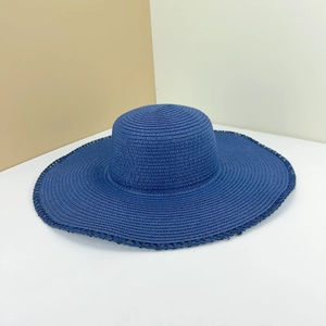 Navy blue wide brim straw sun hat with scalloped edge for women outdoor beach protection