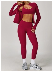 Set yoga da donna 3 pezzi rosa intenso con reggiseno sportivo, leggings e giacca con zip