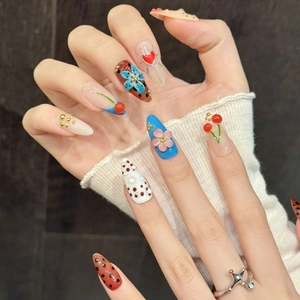 Sweet cherry flower and heart 3D press-on nails with polka dots and floral relief designs