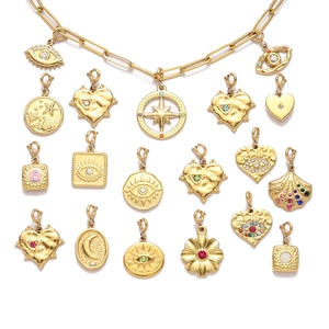 Gold titanium steel charm set with colorful zircons in heart, moon and eye shapes