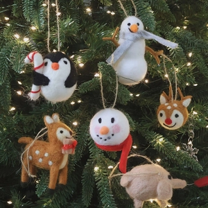Handmade wool felt Christmas tree ornaments with snowman and reindeer on warm light strings