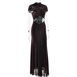Detail view of dark brown ruched dress with waist cut-outs and crisscross tie design
