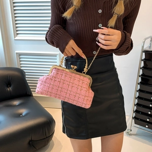 Pink tweed shell crossbody bag with golden chain strap and top handle for women