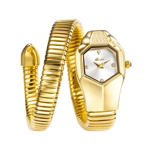 Detail of gold snake-shaped watch band and hexagon diamond-encrusted watch case