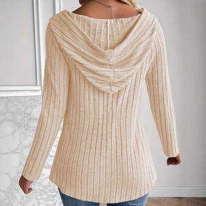 Giacca da donna in maglia a coste beige con cappuccio e vestibilità slim a righe verticali