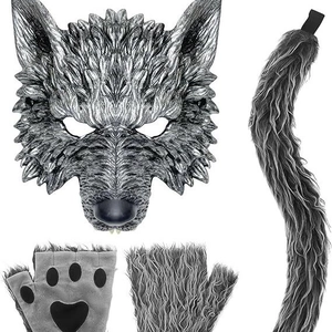 Gray wolf costume set with mask, furry tail, and paw gloves for Halloween cosplay