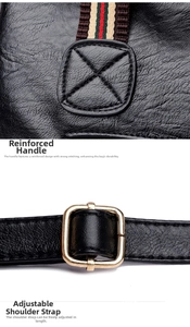 Macro detail of reinforced handle with striped ribbon and adjustable gold buckle strap