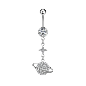 Detailed view of silver navel ring featuring shimmering star and Saturn planet pendants