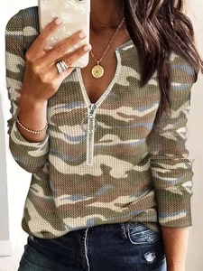 Detail of V-neck zipper and camo print on waffle knit fabric of long sleeve shirt