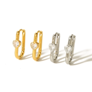 U-shaped heart stud earrings in 18K gold and silver titanium steel with clear cubic zirconia