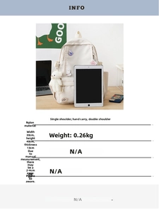 Confronto dimensioni di uno zaino in nylon beige con tablet e specifiche dettagliate