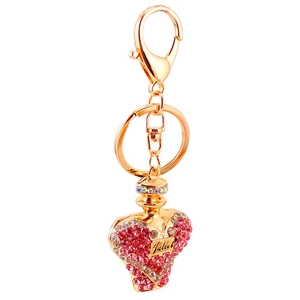 Pink crystal heart perfume bottle keychain with gold plating and Julie engraving