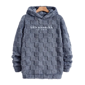 Men's blue fleece hoodie with checkerboard texture and Los Angeles embroidery