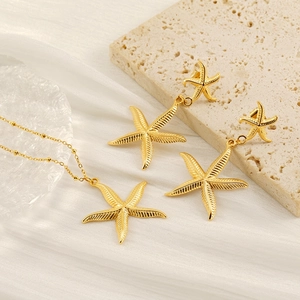 Starfish Necklace And Earrings 18K Gold Plated Stainless Steel Marine Ocean Beach Theme Stripe Texture For Women