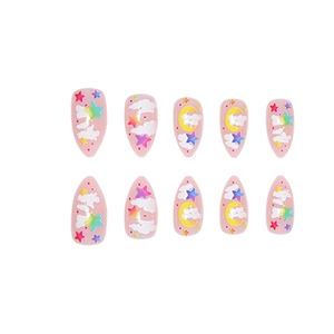 Press on nails with moon stars and white clouds on pink almond shaped base set