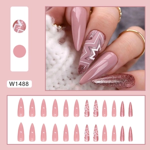 Autumn maple pink stiletto press-on nails set with glitter and star pattern designs
