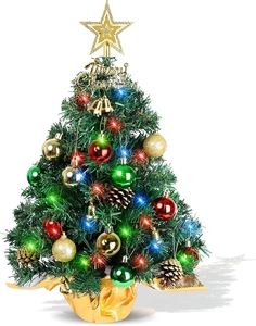 Close-up of a 55cm mini Christmas tree with LED lights, golden bells, and pine cones