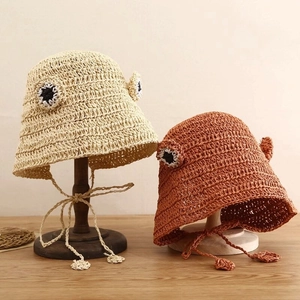 Cute Cartoon Frog Eye Straw Woven Bucket Hat For Women Students Summer Sun Protection Breathable Beach Vacation Woven Sun Hat With Drawstring