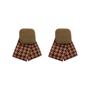 Vintage houndstooth earrings with brown square resin stud and red-white fabric pattern