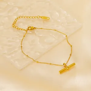 Cavigliera Minimalista Placcata Oro 18K Acciaio Inossidabile Catena A Sfere Pendente A Barra T Regolabile Gioielli Da Donna