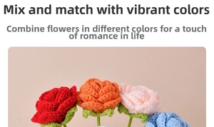 Close-up of handmade crochet roses in various vibrant colors with fine knitted textures