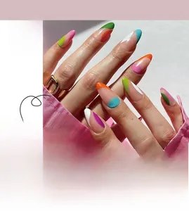 Abstract colorful French style almond press-on nails with vibrant multi-color patchwork designs