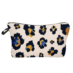 3D digital leopard print makeup bag with stylish gold and navy spots on beige canvas