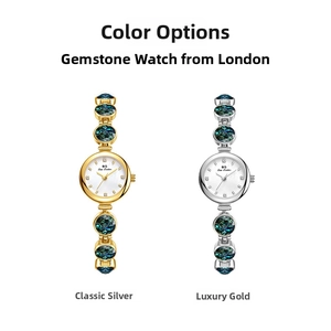 Detailed close-up of gold and silver luxury quartz watches with malachite style beads