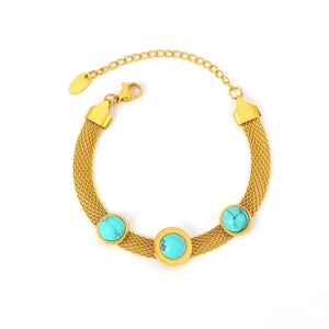 Bohemian gold mesh bracelet with turquoise round charms in 18k plated stainless steel
