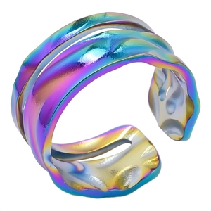 Detail shot of rainbow electroplated 304 stainless steel ring with wave texture