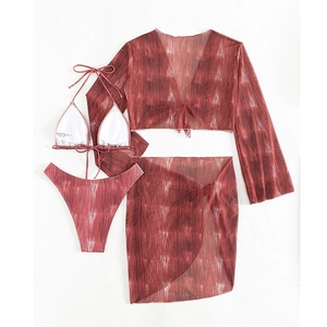 Ensemble bikini 4 pièces rayé avec haut à manches longues et jupe en mesh marron rouge