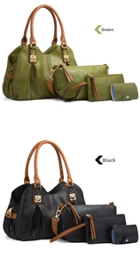 Detail of four-piece faux leather bag set showing tote and pouches in green and black colors