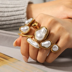 Artificial Baroque Pearl Ring Irregular Stainless Steel Gold Plated Adjustable Open Finger Jewelry For Women Niche Design