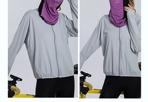 Detail of grey ice silk sun protection jacket with thumb holes and purple face mask