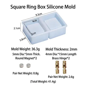 Detailed components of square ring box resin mold with hinges and magnets