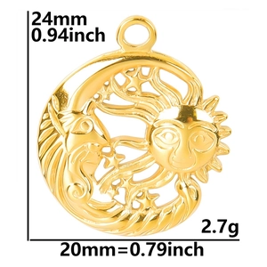 Detailed view of gold moon and sun pendant showing dimensions 24mm by 20mm and 2.7g weight