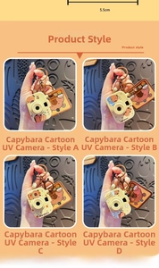 Detail showing four styles of 5.5cm Capybara cartoon camera keychains with glowing light