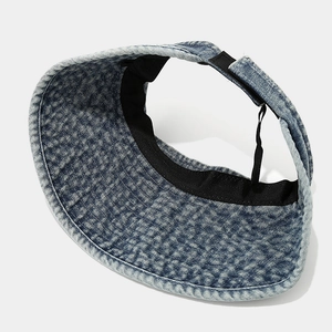 Light blue denim open top sun hat with adjustable strap and wide brim for summer