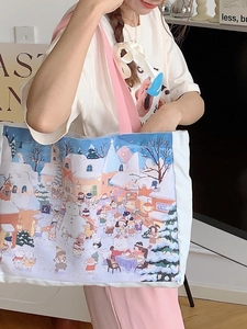 Grand sac cabas en toile pour femme avec imprimé dessin animé d'hiver et anses roses