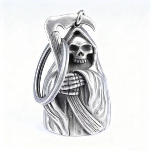 Retro stainless steel Grim Reaper bell pendant with a vintage silver finish and scythe detail