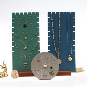 Creative colorful jewelry display rack set with green necklace board and wooden base