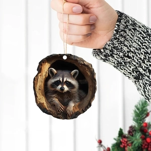 Close-up of circular raccoon Christmas tree ornament with realistic wood texture print
